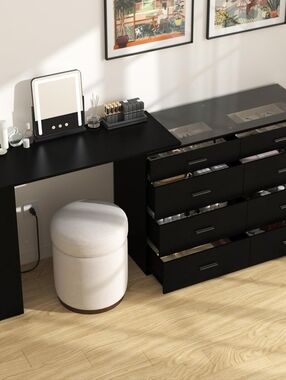 NEW! Glass Top Vanity w/LED Lights, Remote, Power Outlets, 360 Rotate for Corner